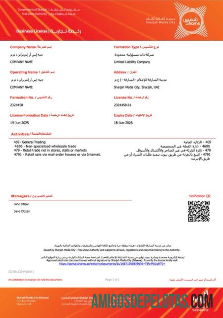 Licença comercial em branco dos Emirados Árabes Unidos Sharjah modelo Word e PDF, versão 2